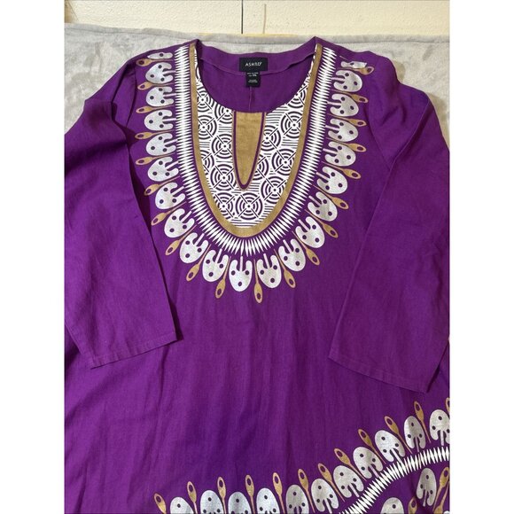 Ashro Women’s XXL Linen Blend Dashiki Tunic Dress Purple Ethnic African Print - Picture 3 of 11